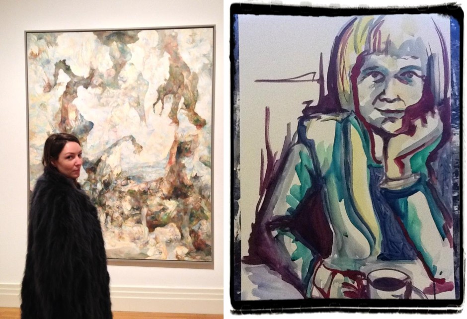 Links: Künterlin Veronika bei einem ihrer Sonntagsbesuche im Martin-Gropius-Bau Berlin, Rechts: watercolored mama by Veronika Kochubey